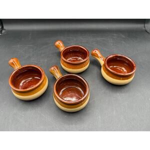 Set of 4 Vintage Two-Tone Brown Tan Glazed Stoneware Soup Crocks- Mini